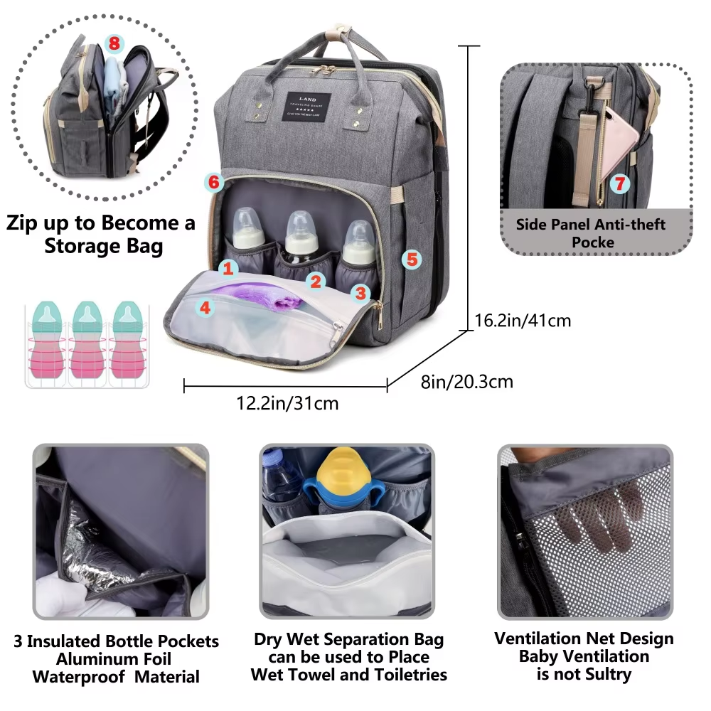 Cute-Wonders™ Lightweight Mommy Bag with Portable Folding Crib Bed